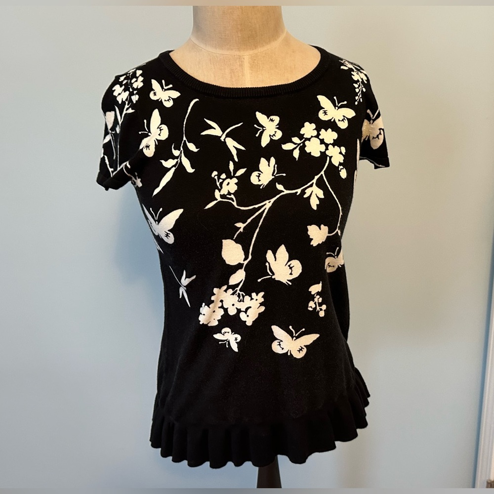 Talbots Butterfly Black &White Knit Top with Ruffle hem